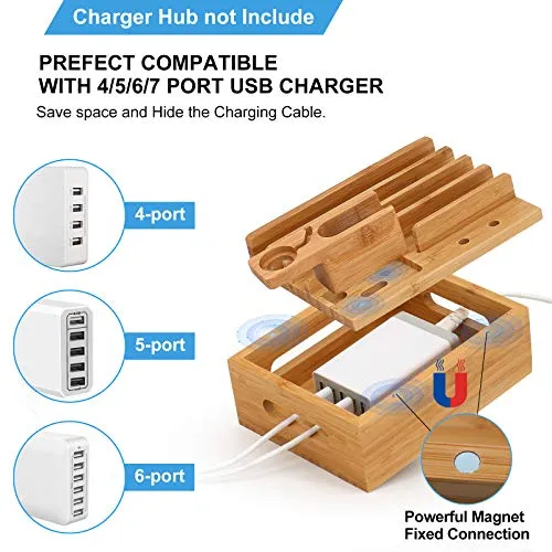 Pezin & Hulin Bamboo Charging Station for Multiple Devices, Desktop Docking Station Organizer for Smarthone, Smart Watch, Earbuds, Cellphone, Tablet, (Included 5 Charging Cables, No USB Charger)