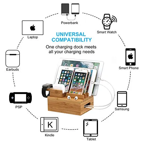 Pezin & Hulin Bamboo Charging Station for Multiple Devices, Desktop Docking Station Organizer for Smarthone, Smart Watch, Earbuds, Cellphone, Tablet, (Included 5 Charging Cables, No USB Charger)