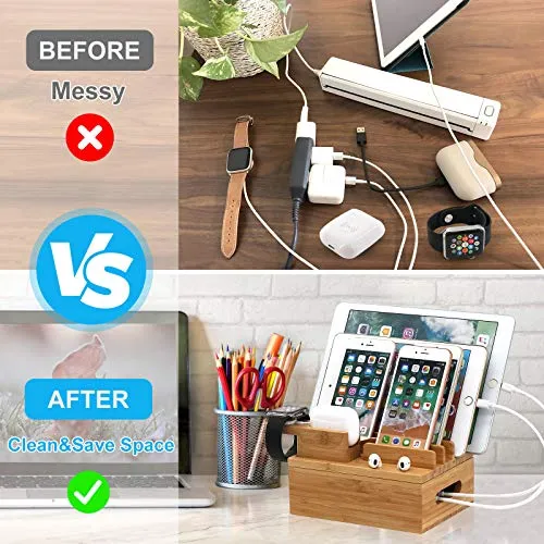 Pezin & Hulin Bamboo Charging Station for Multiple Devices, Desktop Docking Station Organizer for Smarthone, Smart Watch, Earbuds, Cellphone, Tablet, (Included 5 Charging Cables, No USB Charger)
