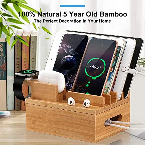 Pezin & Hulin Bamboo Charging Station for Multiple Devices, Desktop Docking Station Organizer for Smarthone, Smart Watch, Earbuds, Cellphone, Tablet, (Included 5 Charging Cables, No USB Charger)