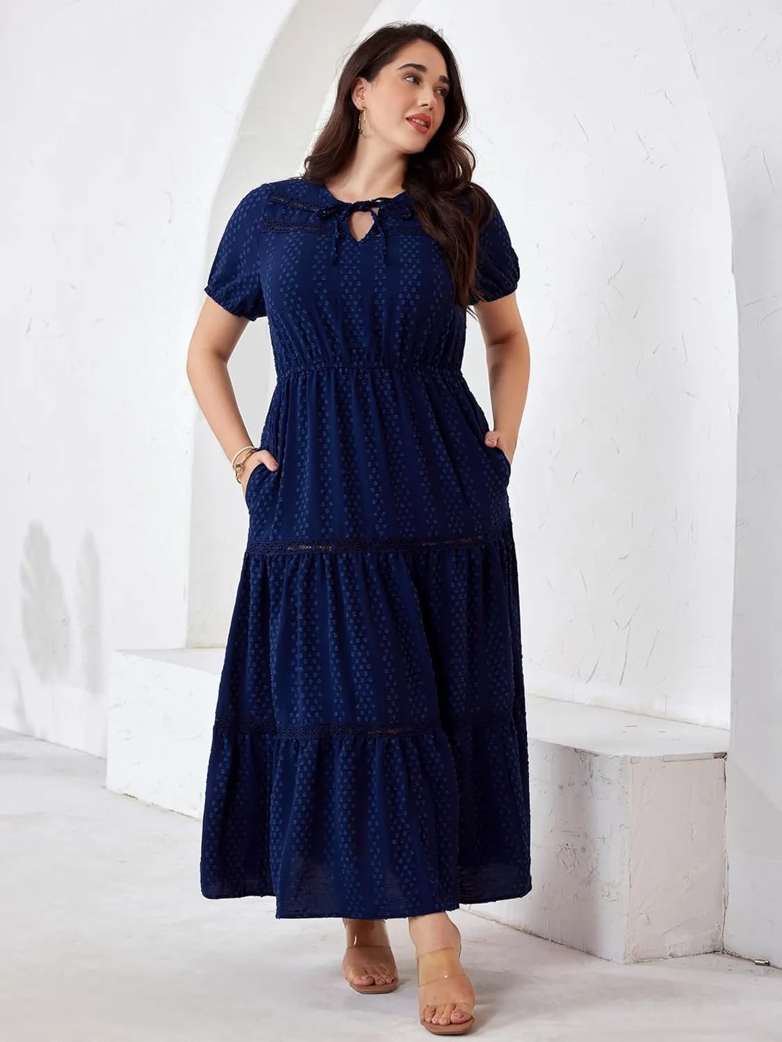 Plus Size Vacation Dresses for Women 2025 Summer Beach Dress Elegant Hollow Out Boho Dress with Pockets