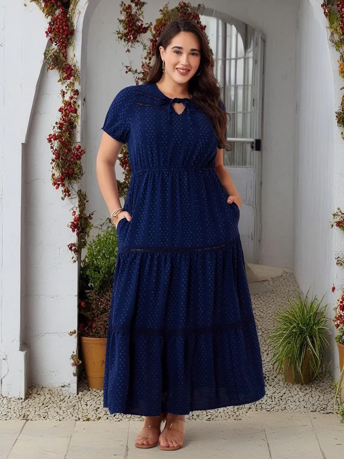 Plus Size Vacation Dresses for Women 2025 Summer Beach Dress Elegant Hollow Out Boho Dress with Pockets