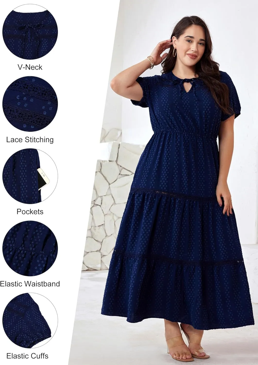 Plus Size Vacation Dresses for Women 2025 Summer Beach Dress Elegant Hollow Out Boho Dress with Pockets