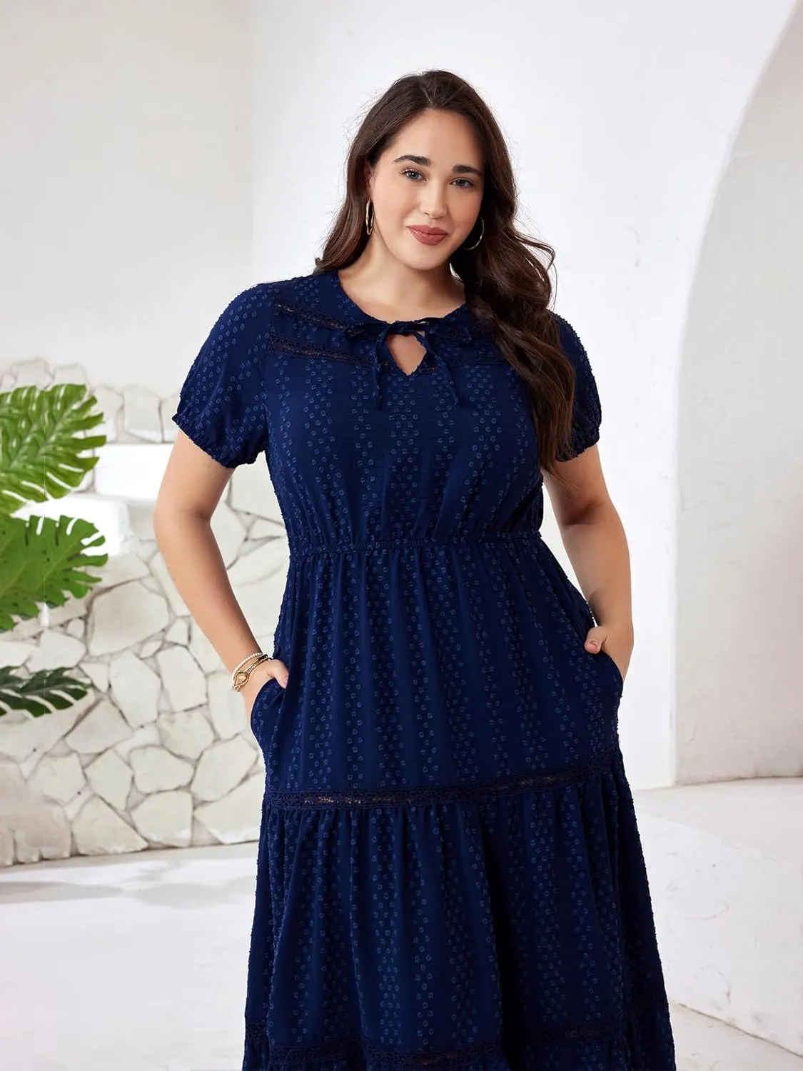 Plus Size Vacation Dresses for Women 2025 Summer Beach Dress Elegant Hollow Out Boho Dress with Pockets