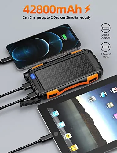 Power-Bank-Solar-Charger - 42800mAh Power Bank,Solar Charger,External Battery Pack 5V3.1A Qc 3.0 Fast Charging Built-in Super Bright Flashlight (Light Orange)