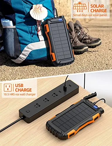 Power-Bank-Solar-Charger - 42800mAh Power Bank,Solar Charger,External Battery Pack 5V3.1A Qc 3.0 Fast Charging Built-in Super Bright Flashlight (Light Orange)
