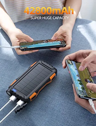 Power-Bank-Solar-Charger - 42800mAh Power Bank,Solar Charger,External Battery Pack 5V3.1A Qc 3.0 Fast Charging Built-in Super Bright Flashlight (Light Orange)