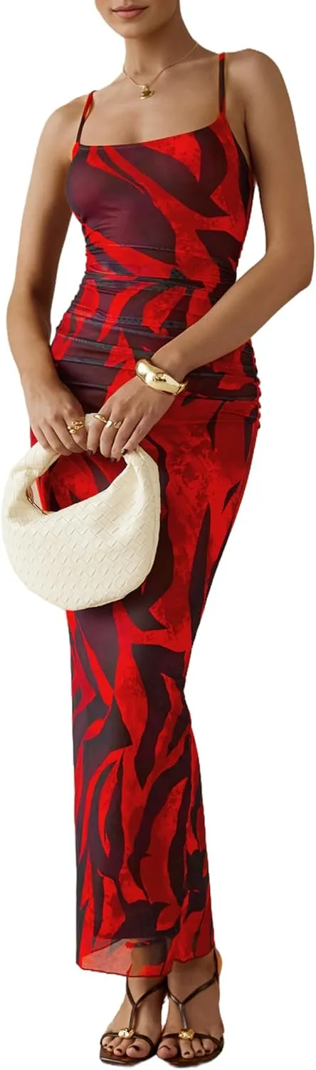 PRETTYGARDEN Women's Floral Maxi Dress 2025 Summer Spaghetti Strap Ruched Mesh Bodycon Wedding Guest Beach Party Long Dresses