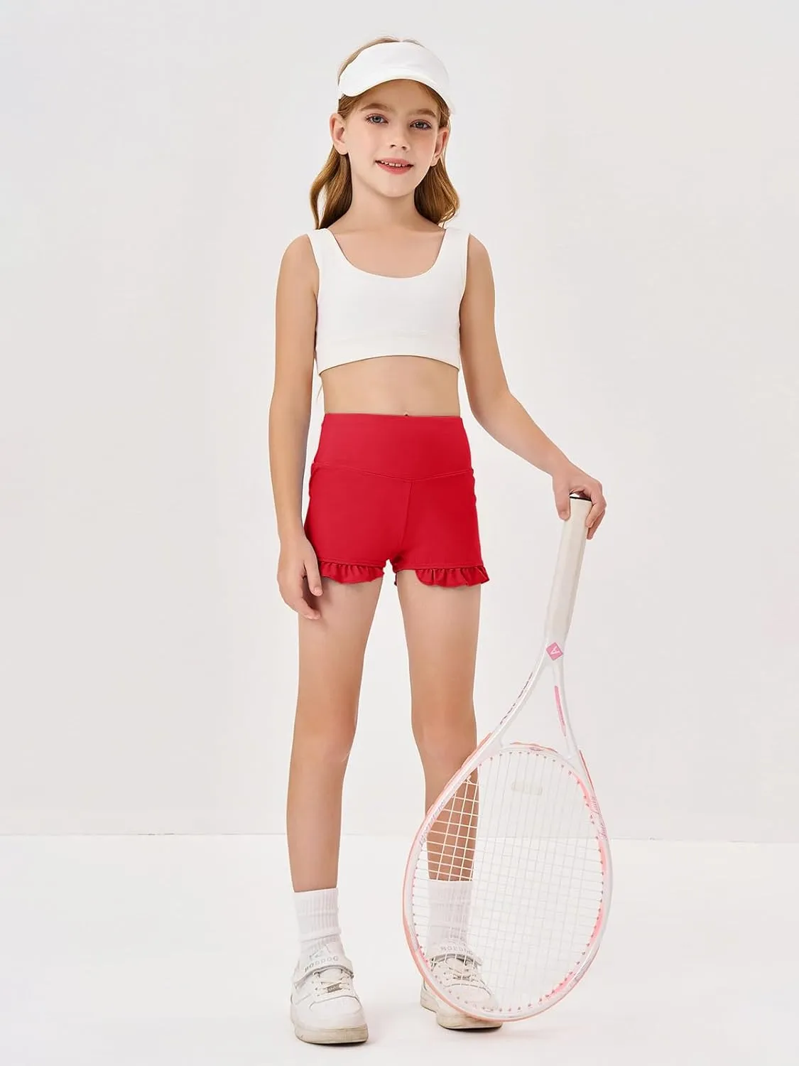 RRHSS Girls Athletic High Waisted Ruffle Shorts - Comfy Yoga Dance Workout Gymnastics