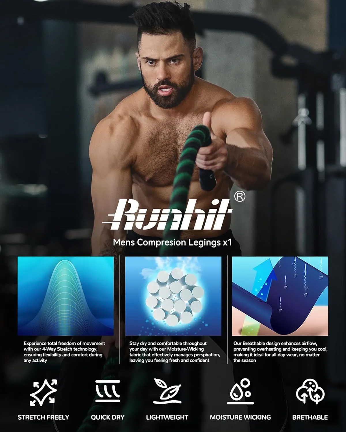 Runhit Mens Compression Pants Running Tights Pockets Sports Leggings Spandex Workout Cycling Athletic Thermal