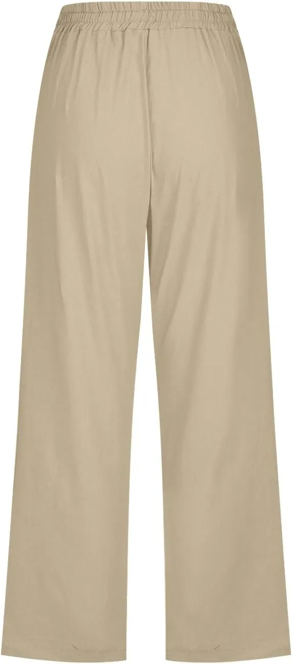 sdbrld Linen Pants for Women,Womens Casual Capris Pants High Waist Drawstring Pants Lightweight Buttons Trousers with Pockets