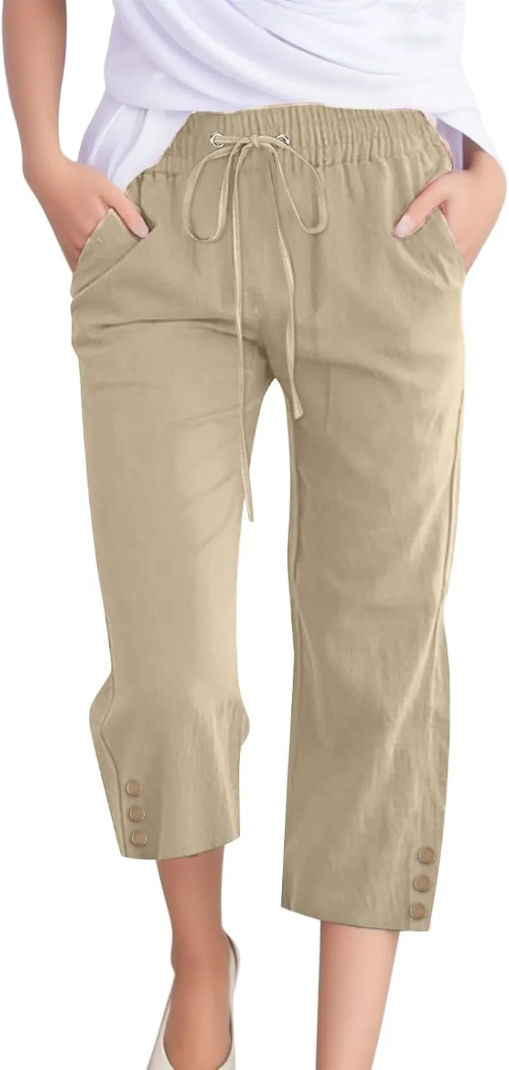 sdbrld Linen Pants for Women,Womens Casual Capris Pants High Waist Drawstring Pants Lightweight Buttons Trousers with Pockets