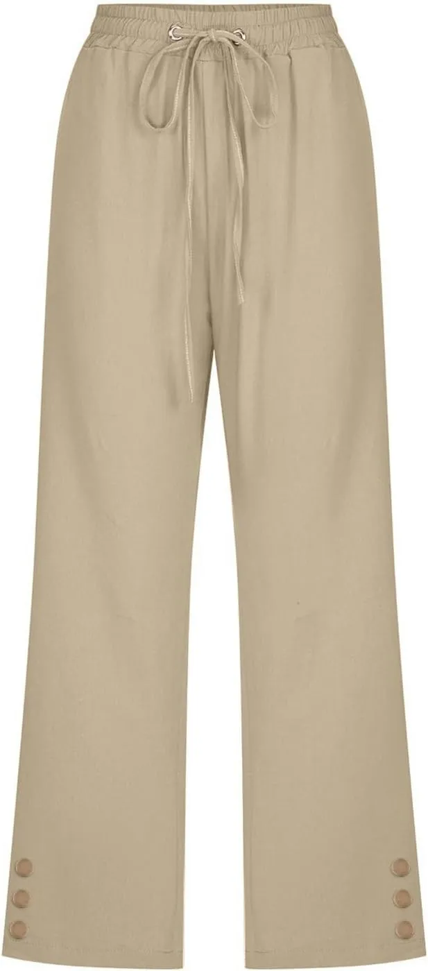sdbrld Linen Pants for Women,Womens Casual Capris Pants High Waist Drawstring Pants Lightweight Buttons Trousers with Pockets