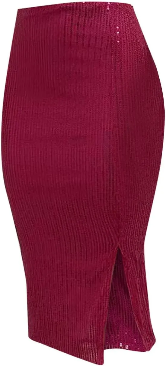 Sequin Midi Skirt with Slit for Women Elegant Sparkle High Waist Pencil Cocktail Party Skirt Business Work Skirts