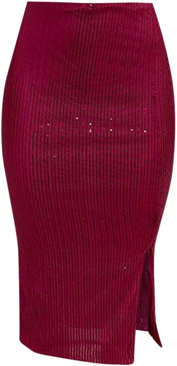 Sequin Midi Skirt with Slit for Women Elegant Sparkle High Waist Pencil Cocktail Party Skirt Business Work Skirts