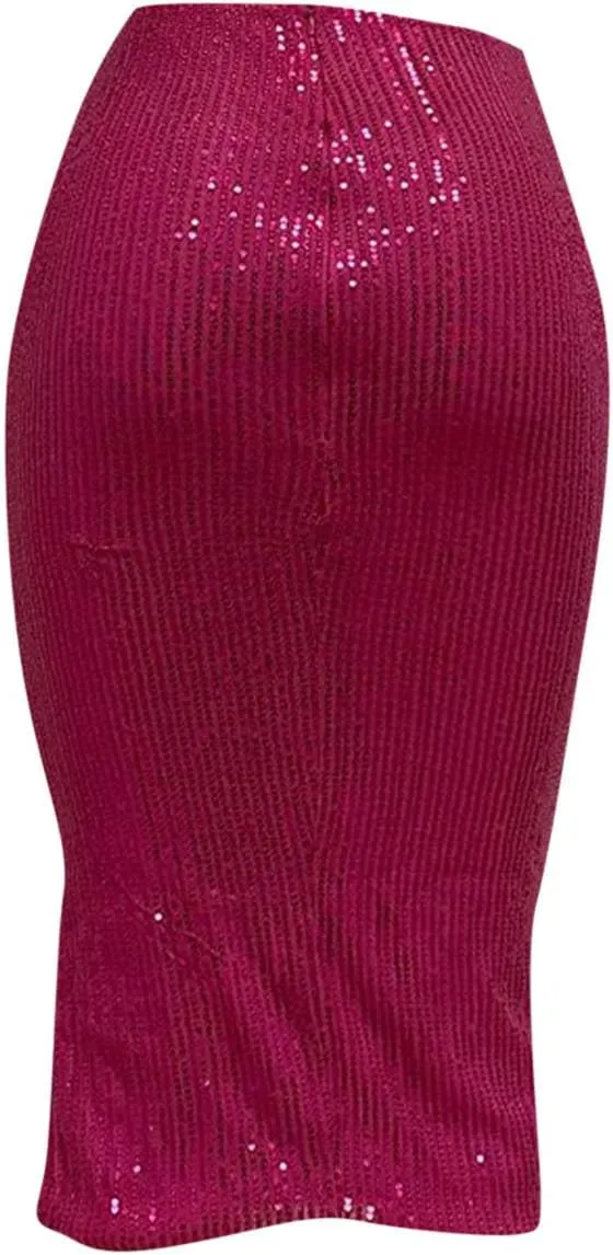 Sequin Midi Skirt with Slit for Women Elegant Sparkle High Waist Pencil Cocktail Party Skirt Business Work Skirts