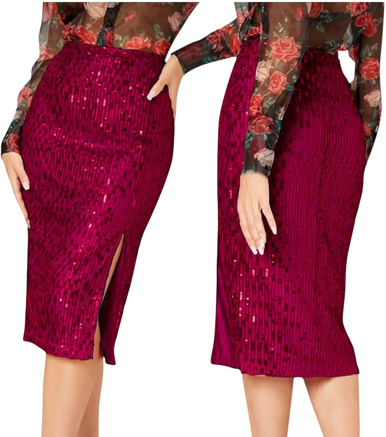 Sequin Midi Skirt with Slit for Women Elegant Sparkle High Waist Pencil Cocktail Party Skirt Business Work Skirts
