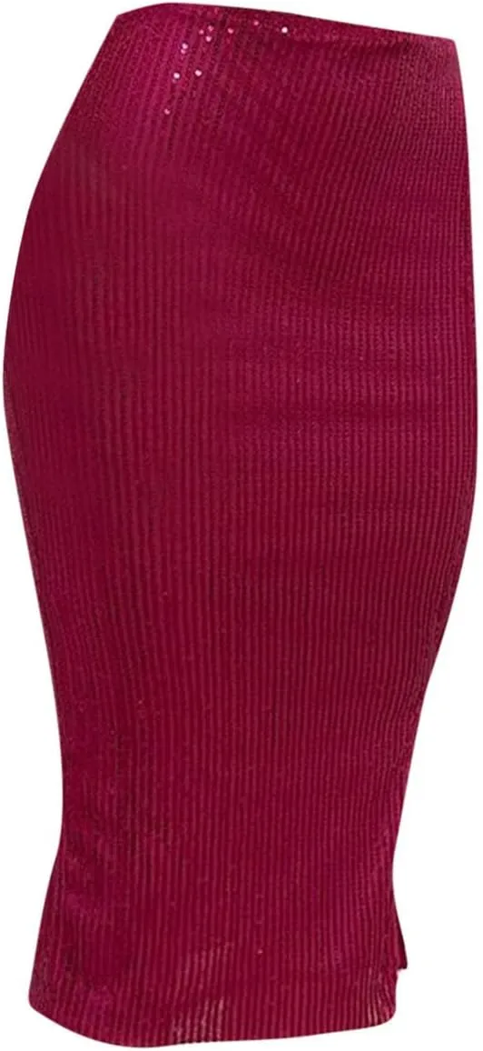 Sequin Midi Skirt with Slit for Women Elegant Sparkle High Waist Pencil Cocktail Party Skirt Business Work Skirts