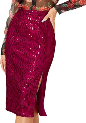 Sequin Midi Skirt with Slit for Women Elegant Sparkle High Waist Pencil Cocktail Party Skirt Business Work Skirts