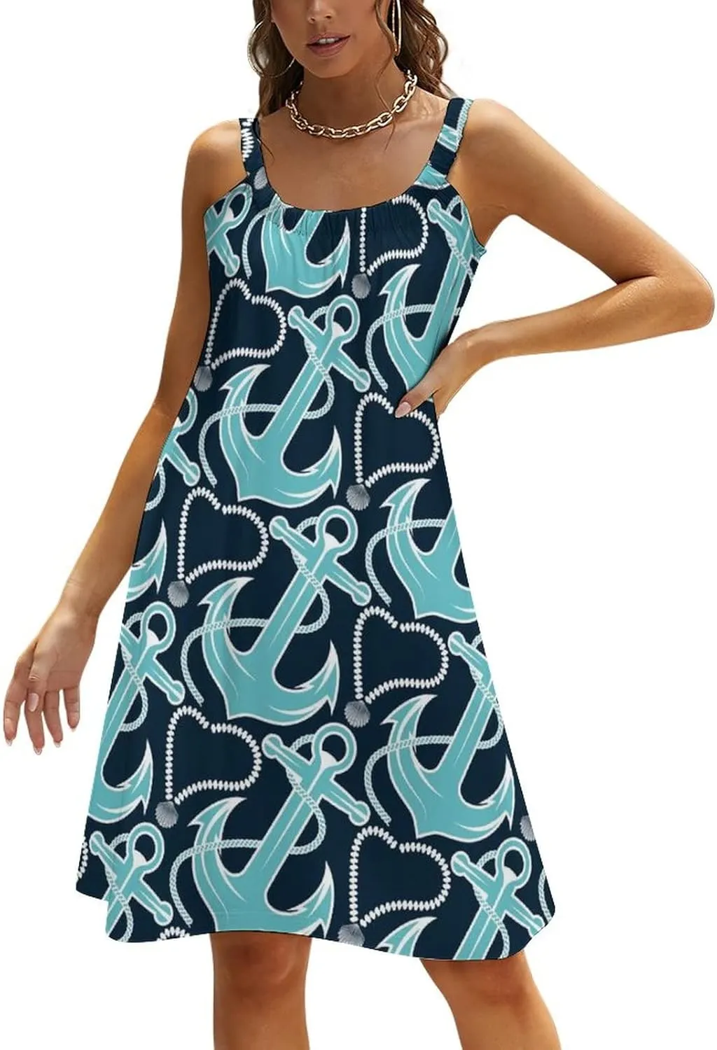 Sexy Halter Dresses for Women Casual Beach Birthday Party Wedding Decor Summer Dresses, Plus Size Midi Dress Loose Fit Halter Beach Cover Up Swimwear Nautical Anchor Pattern Navy Blue