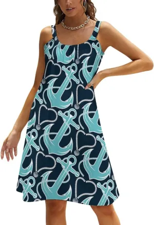 Sexy Halter Dresses for Women Casual Beach Birthday Party Wedding Decor Summer Dresses, Plus Size Midi Dress Loose Fit Halter Beach Cover Up Swimwear Nautical Anchor Pattern Navy Blue