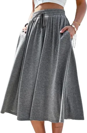 SOFIA'S CHOICE Women's A Line Pleated Drawstring Skirts Flared Midi Skirt with Pockets