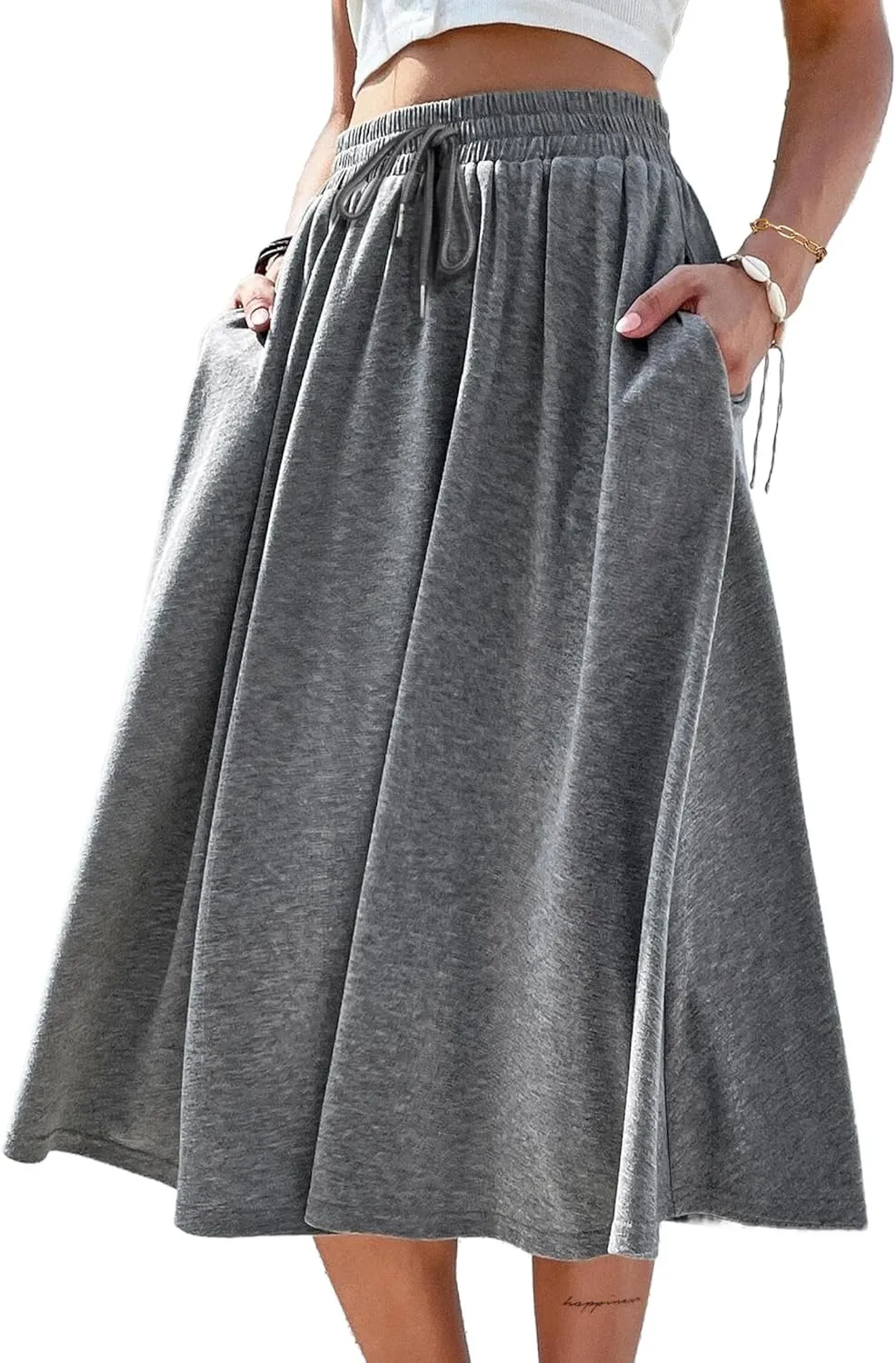 SOFIA'S CHOICE Women's A Line Pleated Drawstring Skirts Flared Midi Skirt with Pockets