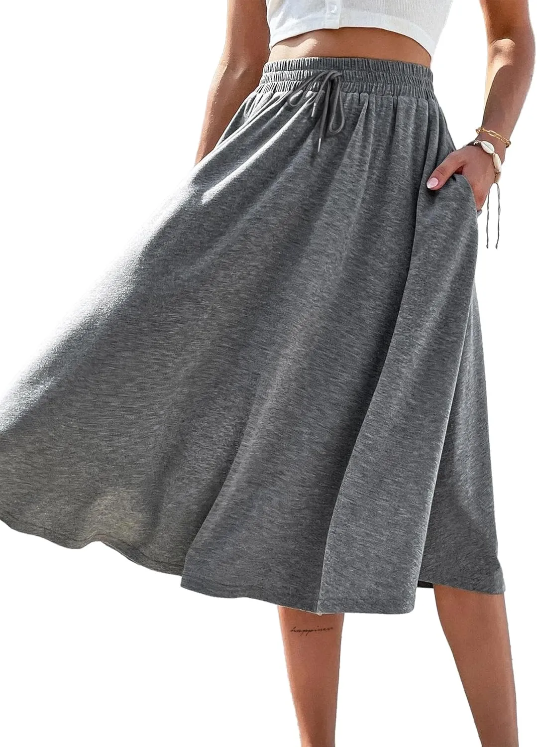 SOFIA'S CHOICE Women's A Line Pleated Drawstring Skirts Flared Midi Skirt with Pockets