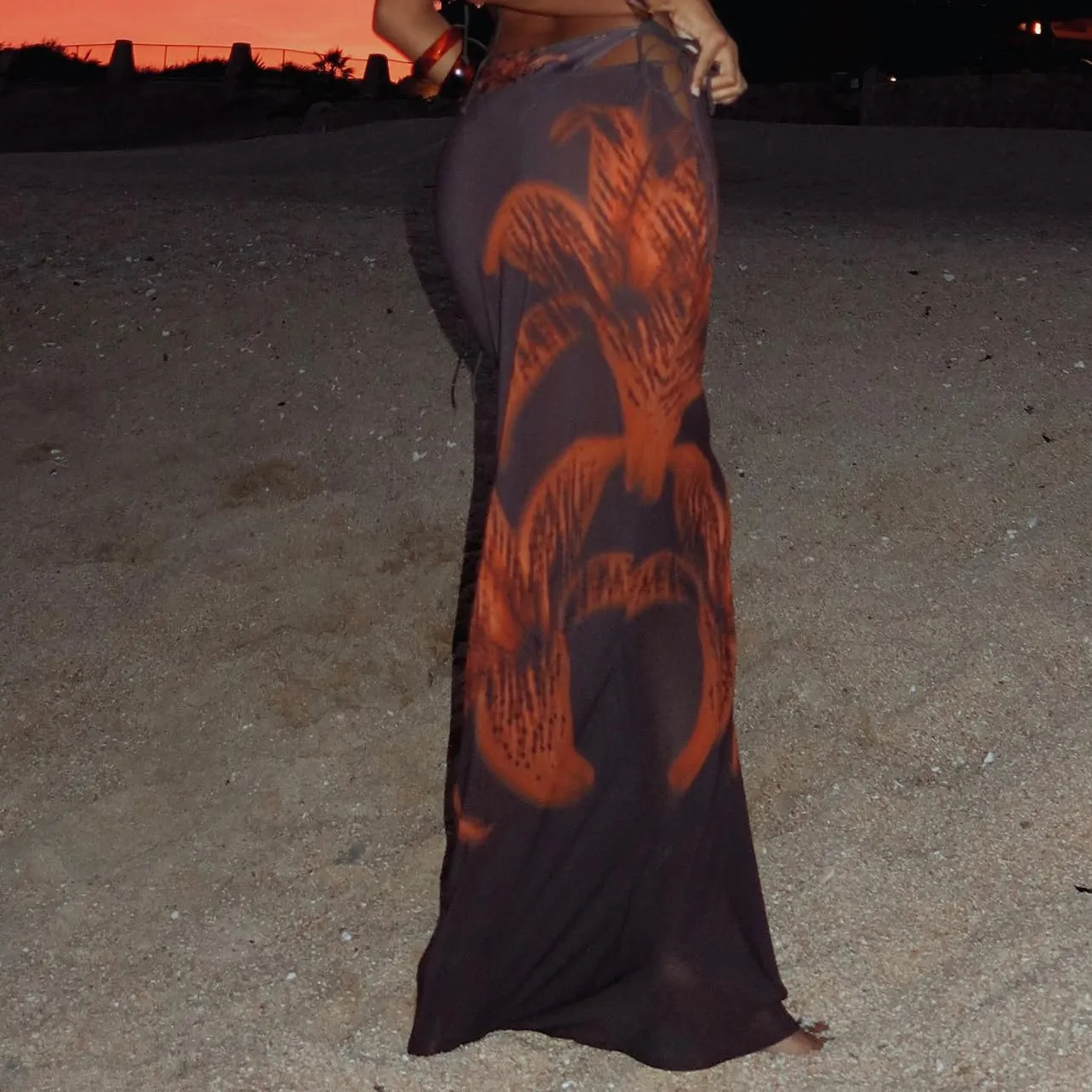 SOLILOQUY Women Y2K Floral Print Sheer Mesh Skirt Summer See Through Cover-up Bodycon Pencil Long Skirt Boho Beach Maxi Skirt