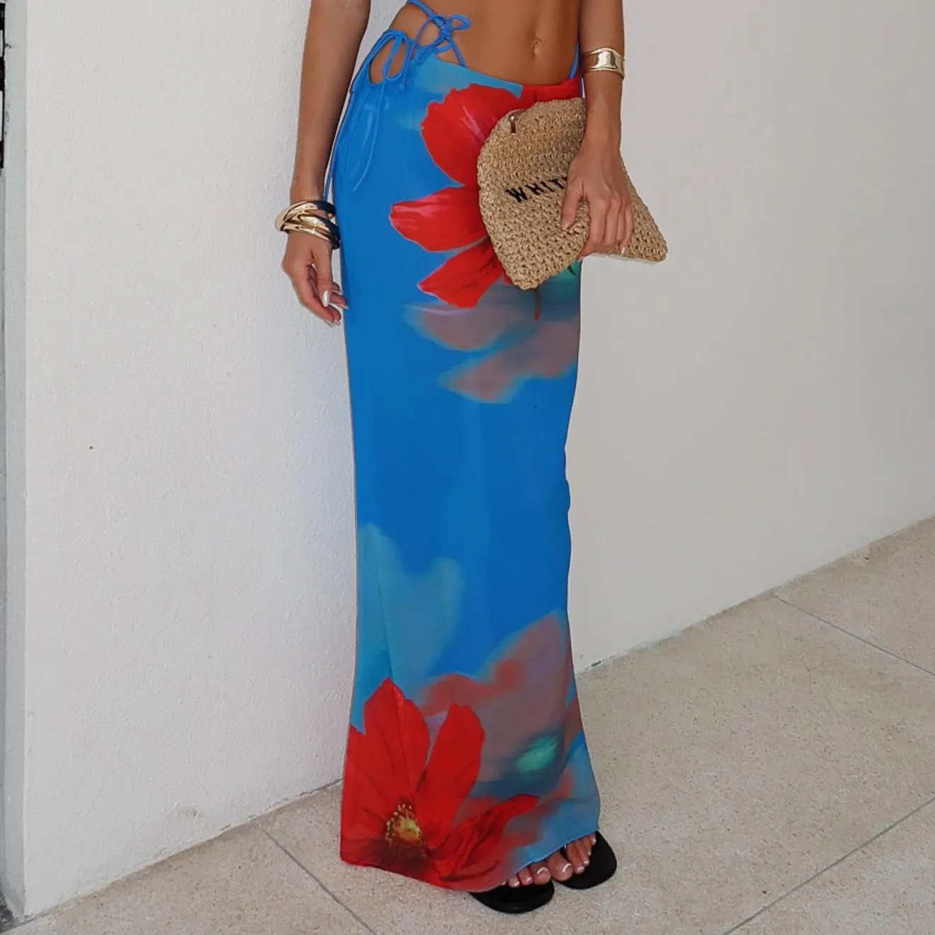 SOLILOQUY Women Y2K Floral Print Sheer Mesh Skirt Summer See Through Cover-up Bodycon Pencil Long Skirt Boho Beach Maxi Skirt