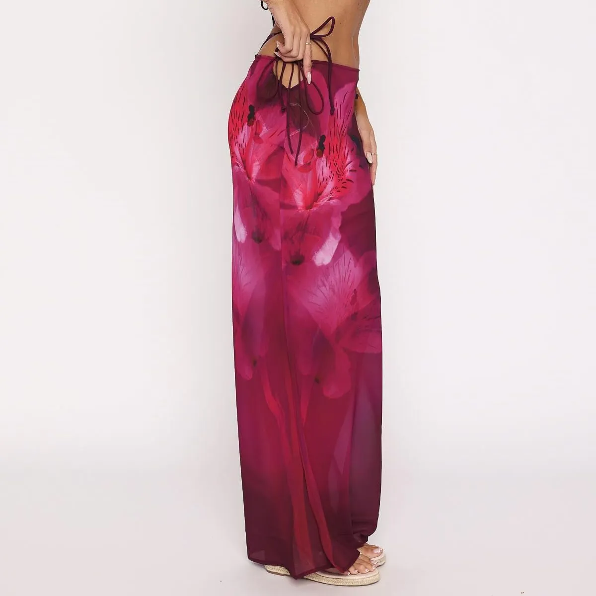 SOLILOQUY Women Y2K Floral Print Sheer Mesh Skirt Summer See Through Cover-up Bodycon Pencil Long Skirt Boho Beach Maxi Skirt