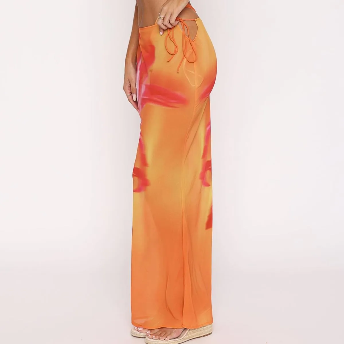 SOLILOQUY Women Y2K Floral Print Sheer Mesh Skirt Summer See Through Cover-up Bodycon Pencil Long Skirt Boho Beach Maxi Skirt