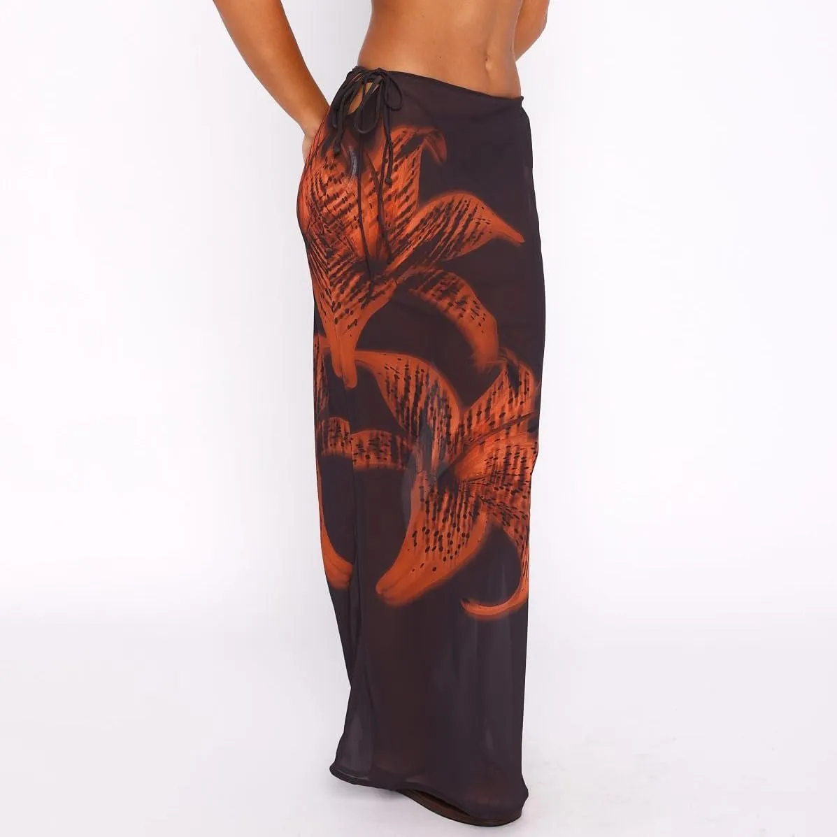 SOLILOQUY Women Y2K Floral Print Sheer Mesh Skirt Summer See Through Cover-up Bodycon Pencil Long Skirt Boho Beach Maxi Skirt
