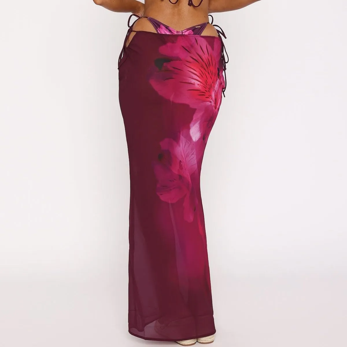 SOLILOQUY Women Y2K Floral Print Sheer Mesh Skirt Summer See Through Cover-up Bodycon Pencil Long Skirt Boho Beach Maxi Skirt