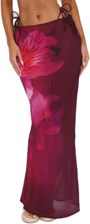 SOLILOQUY Women Y2K Floral Print Sheer Mesh Skirt Summer See Through Cover-up Bodycon Pencil Long Skirt Boho Beach Maxi Skirt
