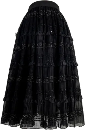 Spring Summer Women Long Midi Tulle Skirt Vintage Mesh Ruffles Patchwork for Office Work Skirts