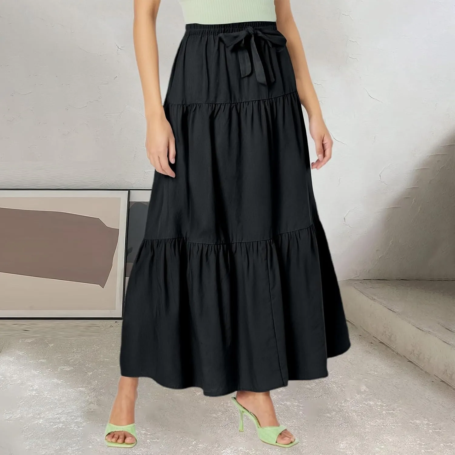 Summer Maxi Skirts for Women 2025 Tiered A Line Pleated Drawstring Long Skirt Boho Flowy Casual Vacation Skirts