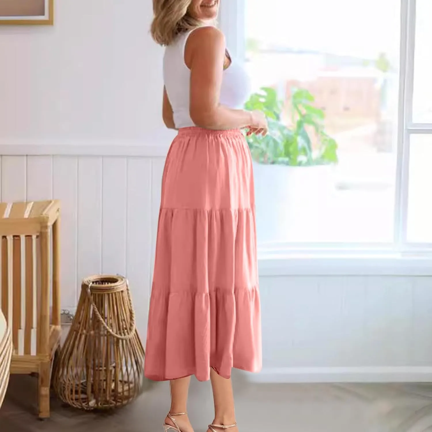 Summer Skirts for Women 2025 Vacation Skirts Elastic Waist Ruffle Skirts Casual Front Button Midi Skirt Pleated Skirt