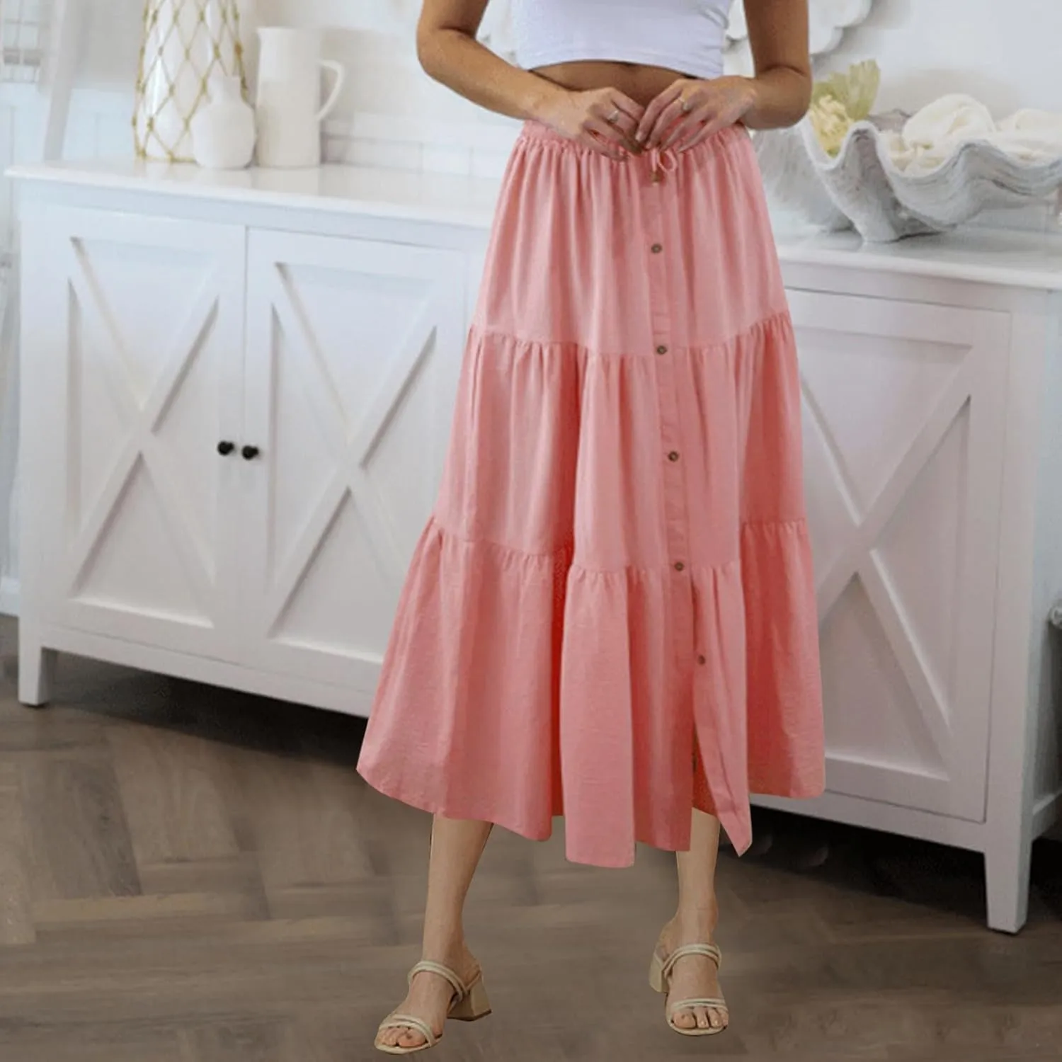 Summer Skirts for Women 2025 Vacation Skirts Elastic Waist Ruffle Skirts Casual Front Button Midi Skirt Pleated Skirt