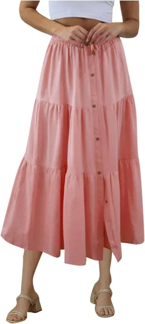 Summer Skirts for Women 2025 Vacation Skirts Elastic Waist Ruffle Skirts Casual Front Button Midi Skirt Pleated Skirt