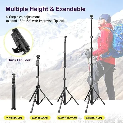 UBeesize Selfie Stick Tripod, 62" Extendable Tripod Stand with Bluetooth Remote for Cell Phones, Heavy Duty Aluminum, Lightweight