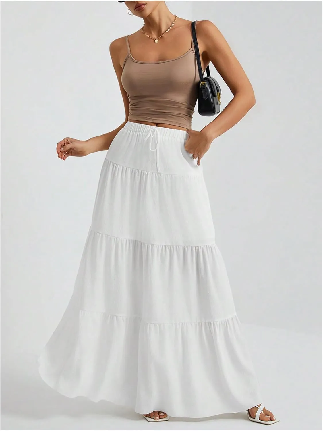 Verdusa Women's Layered Boho Flared Ruffle Hem Long Skirt Flowy Summer Causal Maxi Skirts