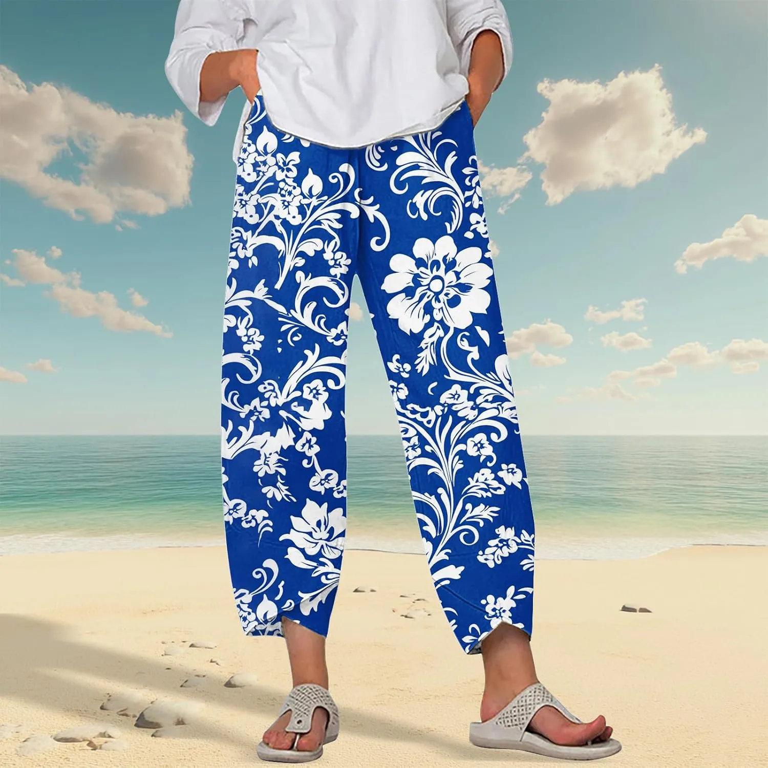 Wide Leg Linen Pants for Women Summer Casual Capri Pants Baggy Petite Palazzo Pants Lightweight Beach Trousers