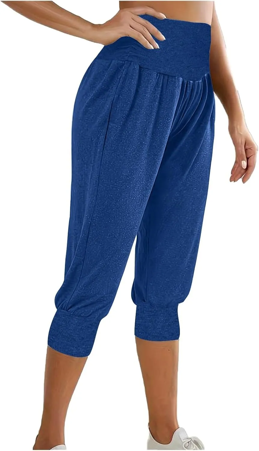 Women Basic Jogger Capri Pants Fashion Ruched Side High Waist Cinch Bottom Pant Summer Comfy Lounge Workout Cropped Trousers