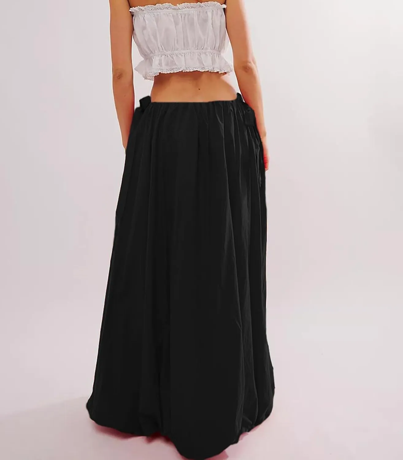 Women Bubble A-Line Maxi Skirt Casual Solid Color Elastic Waist Side Tie Long Skirt Summer Beach Vacation Streetwear