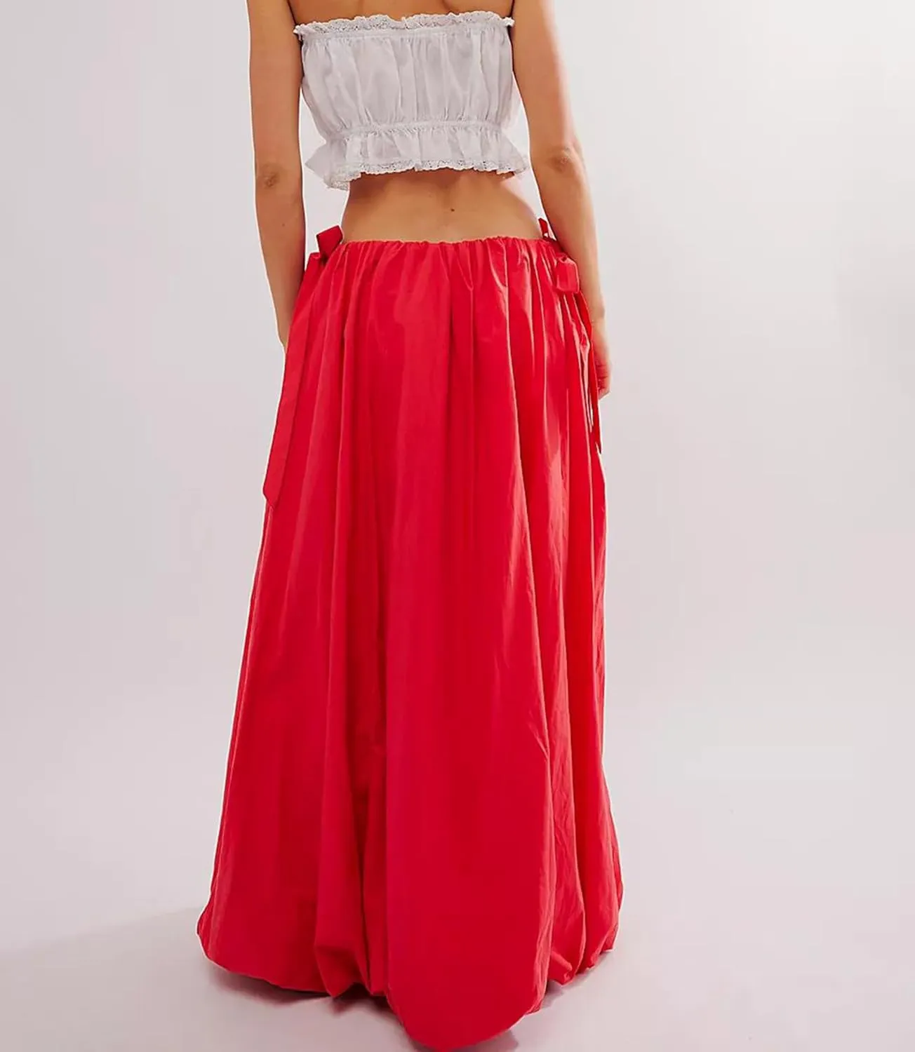 Women Bubble A-Line Maxi Skirt Casual Solid Color Elastic Waist Side Tie Long Skirt Summer Beach Vacation Streetwear