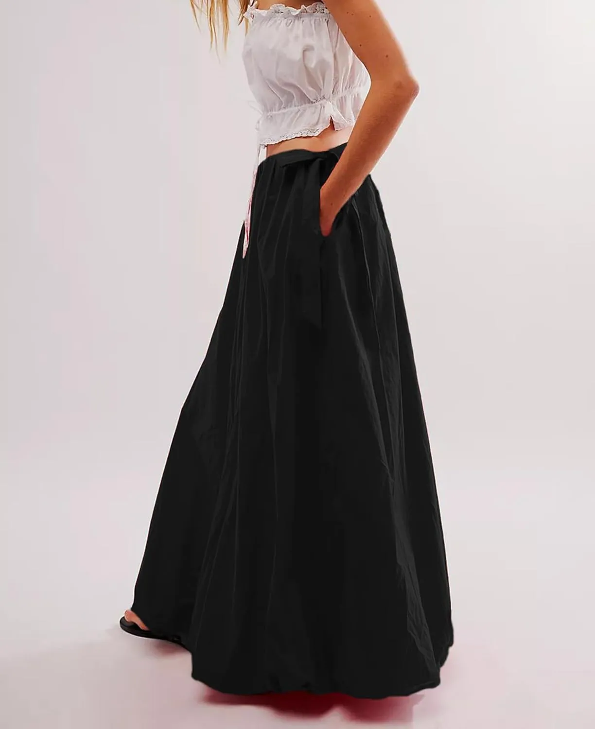 Women Bubble A-Line Maxi Skirt Casual Solid Color Elastic Waist Side Tie Long Skirt Summer Beach Vacation Streetwear