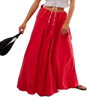 Women Bubble A-Line Maxi Skirt Casual Solid Color Elastic Waist Side Tie Long Skirt Summer Beach Vacation Streetwear