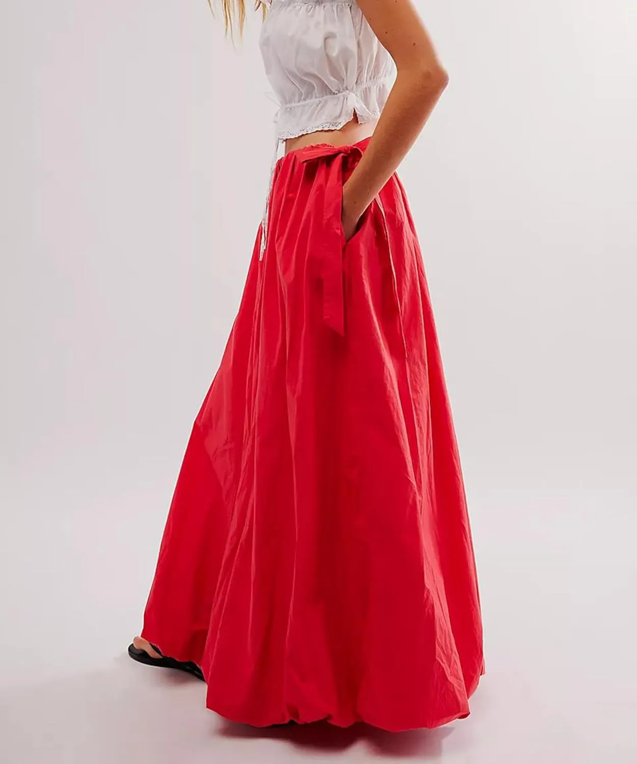 Women Bubble A-Line Maxi Skirt Casual Solid Color Elastic Waist Side Tie Long Skirt Summer Beach Vacation Streetwear