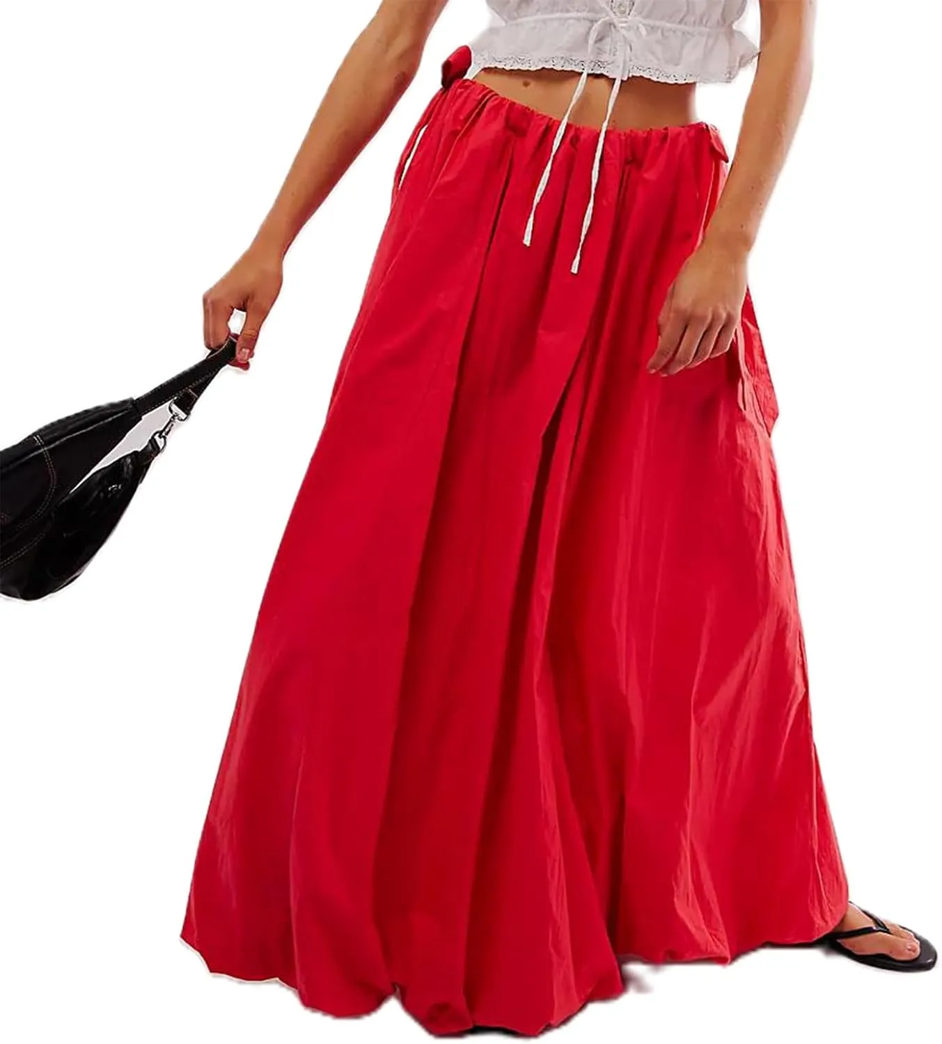 Women Bubble A-Line Maxi Skirt Casual Solid Color Elastic Waist Side Tie Long Skirt Summer Beach Vacation Streetwear